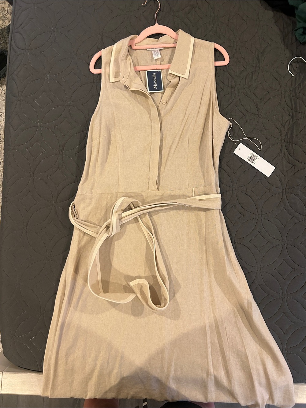 Sleeveless Beige Tie-Waist Shirt Dress